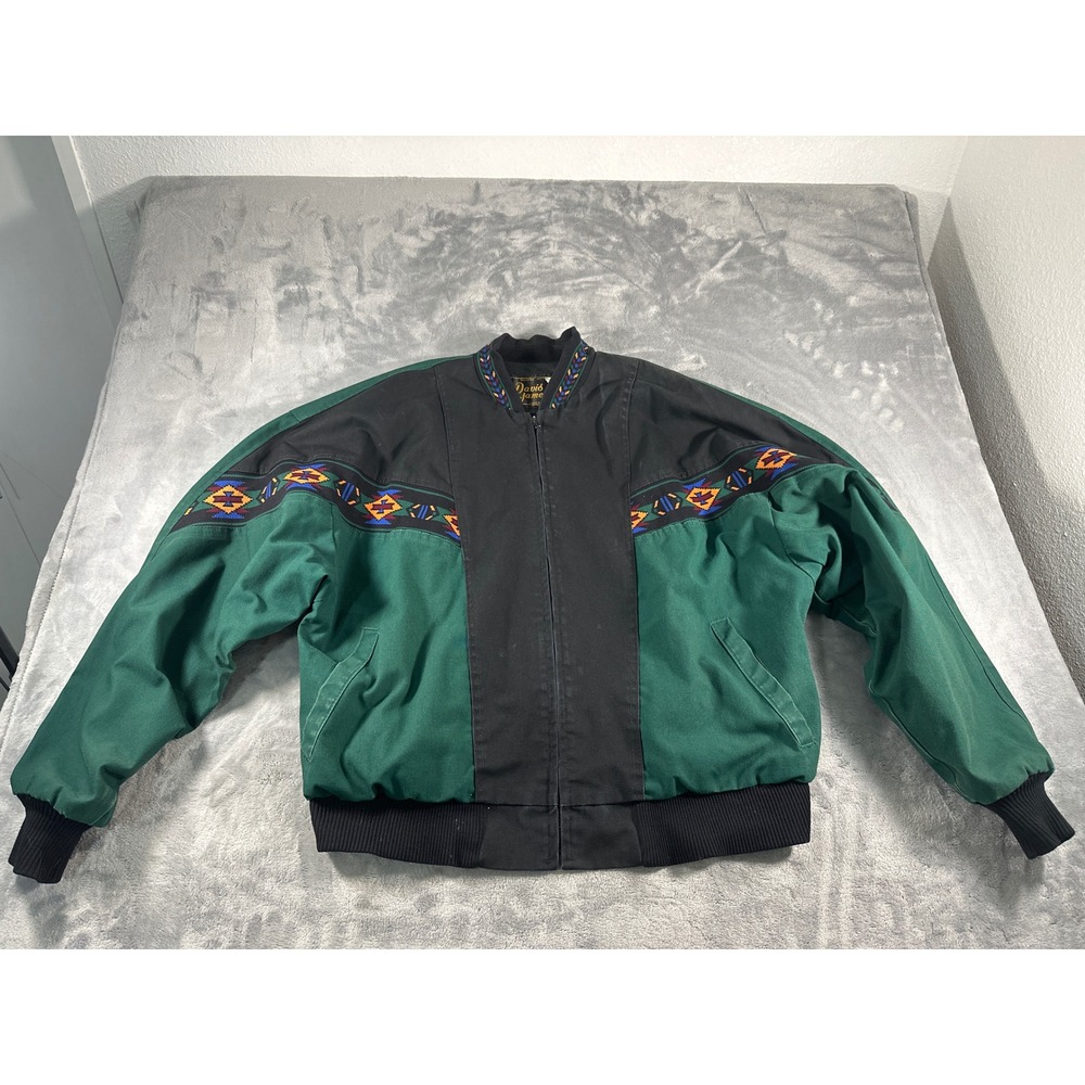 Vintage Davis James Southwestern Bomber Jacket Green Black Mens Large USA Made